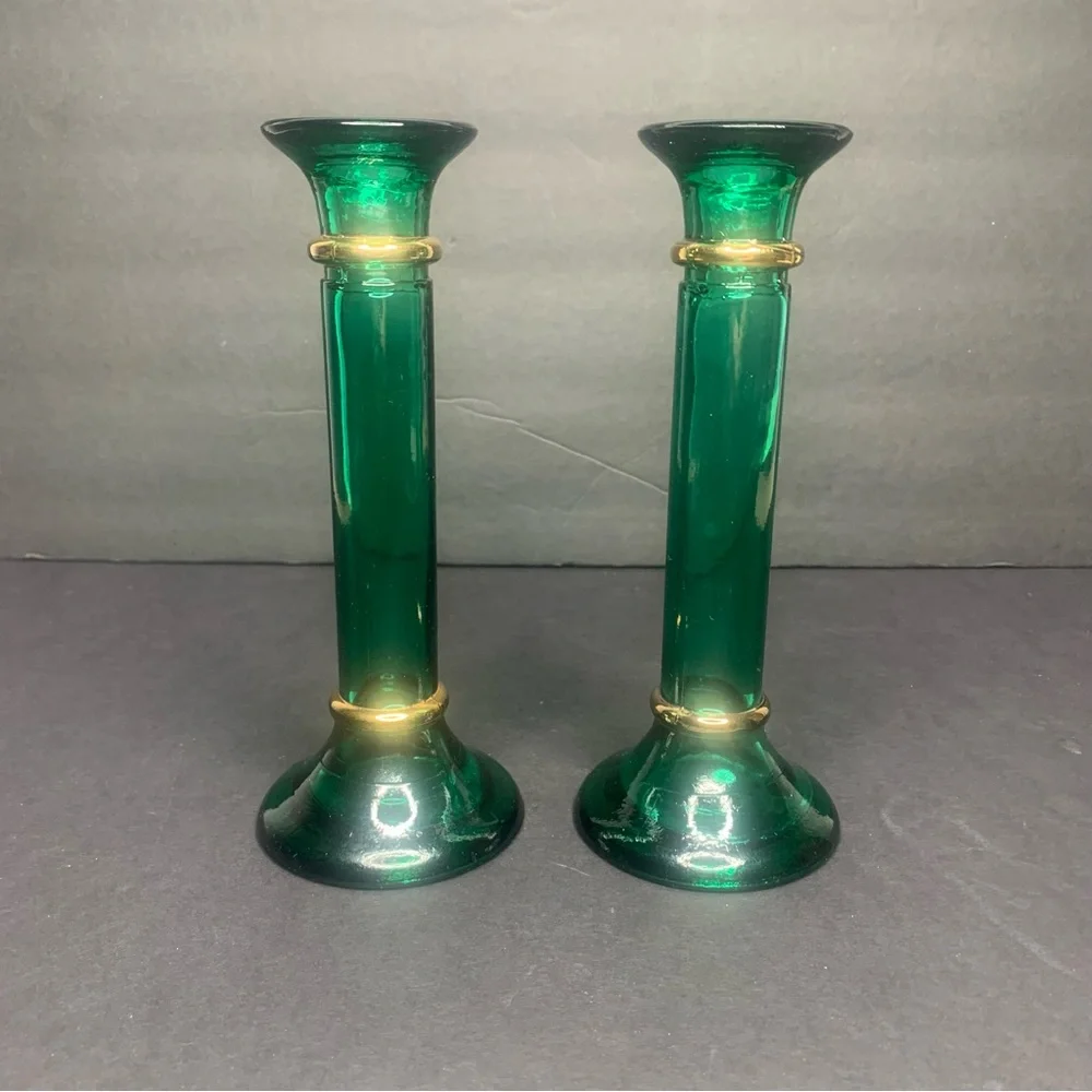 Pair of Vintage Pier 1 Emerald Green Candlesticks